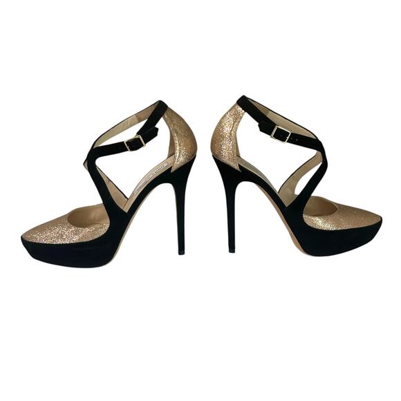 Jimmy Choo Black Suede & Gold Glitter Platform Pumps IT 39.5 US 9.5 - Picture 3 of 10